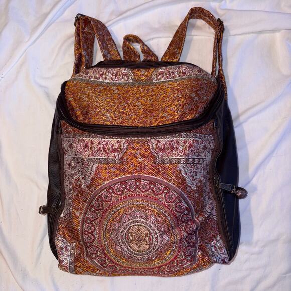 Handmade in Pakistan Boho Woven Backpack Tapestry Fabric Leather Trim 12x13.5 - Picture 1 of 5